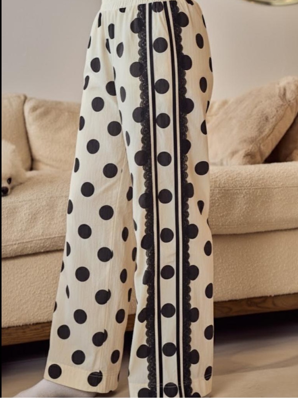L8-⚫️⚪️ (SHIPPED) Wide-Leg Polka Dot Lounge Pants - Black on Cream